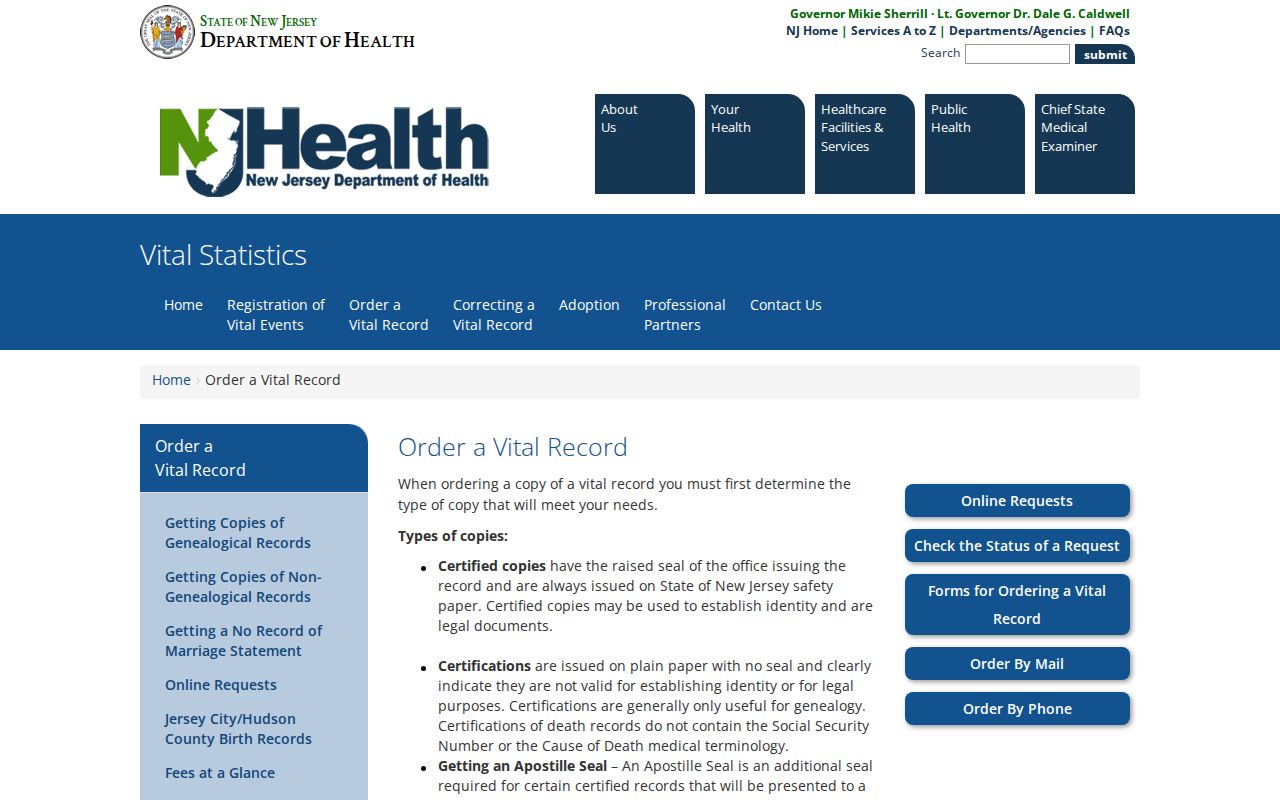 Wall residents directory New Jersey vital record ordering page