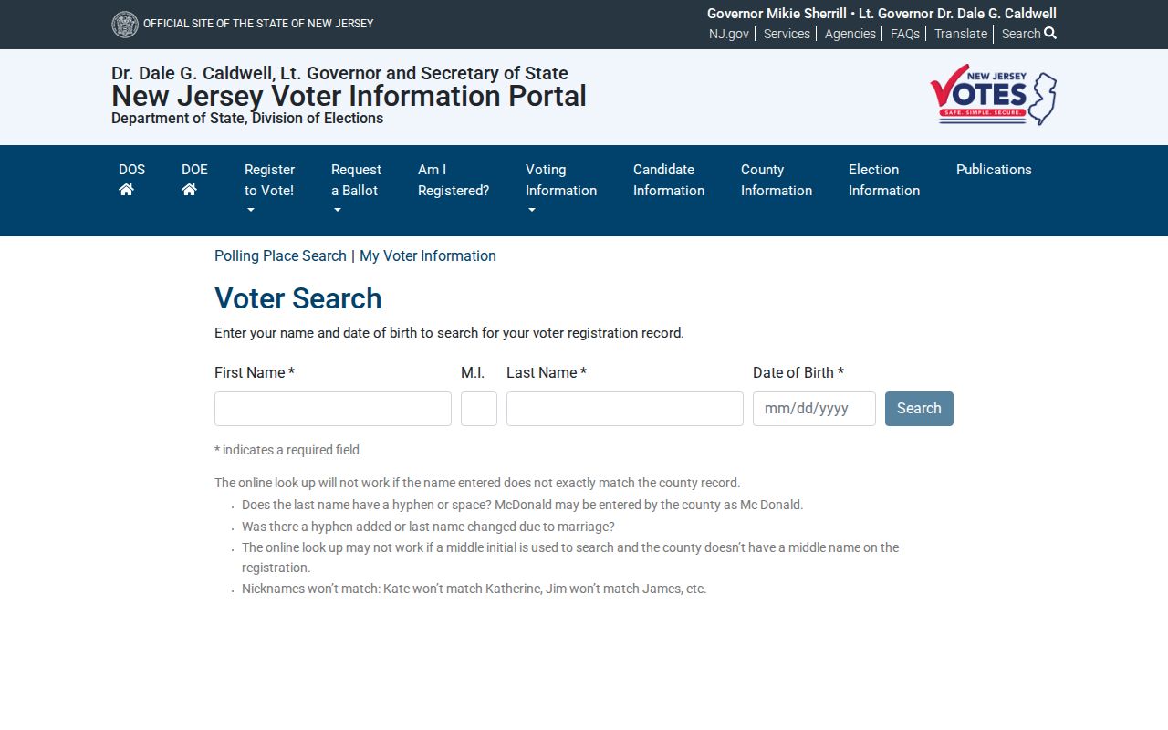 Wall residents directory New Jersey voter registration check screen