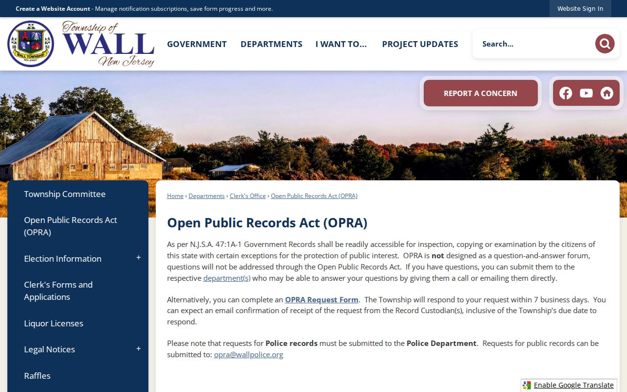 Wall residents directory Wall Township OPRA request information
